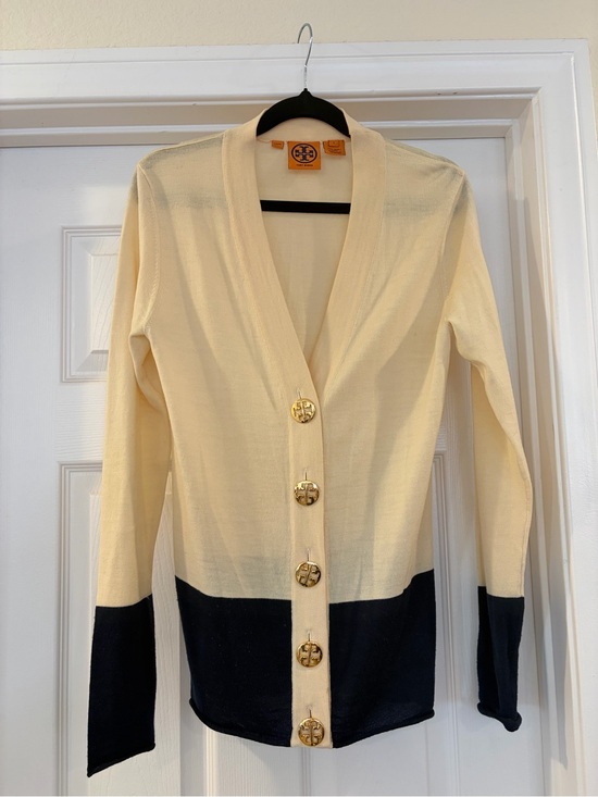 Tory Burch Sweaters - Tory Burch Cream and Navy Two-Tone Knit Cardigan with Gold Buttons